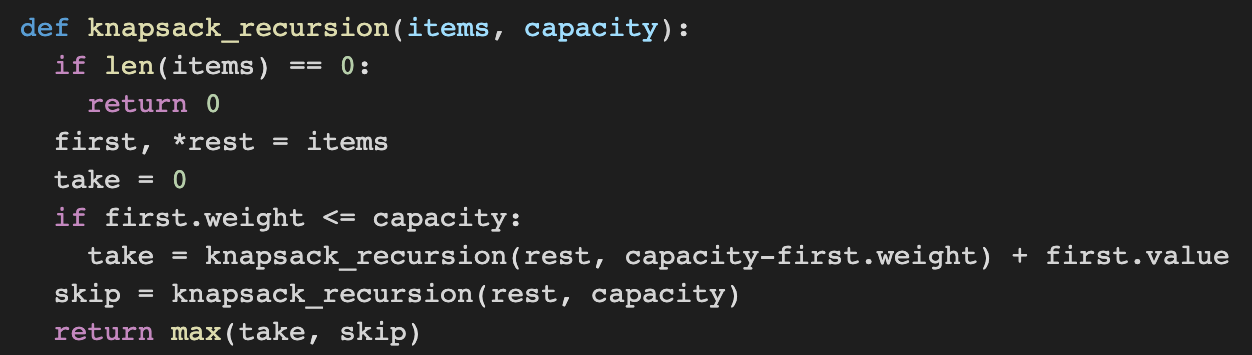 Knapsack Recursion Algorithm