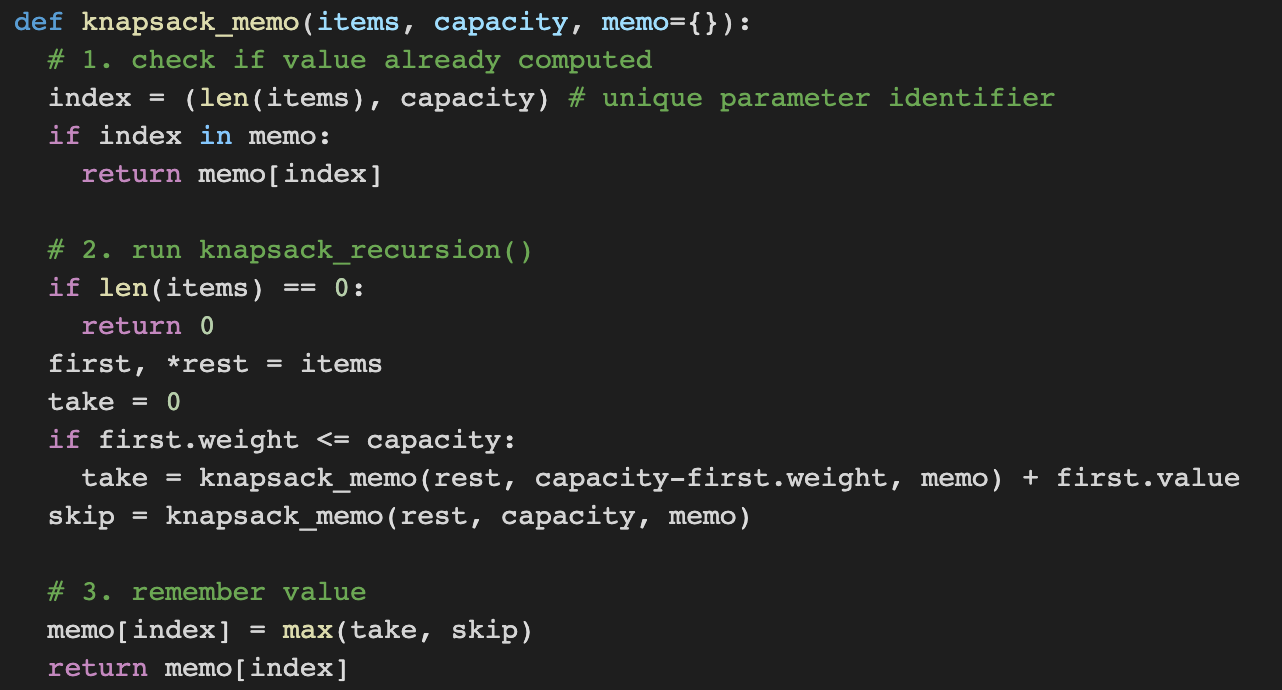 Knapsack Top-Down Dynamic Programming with Memorization