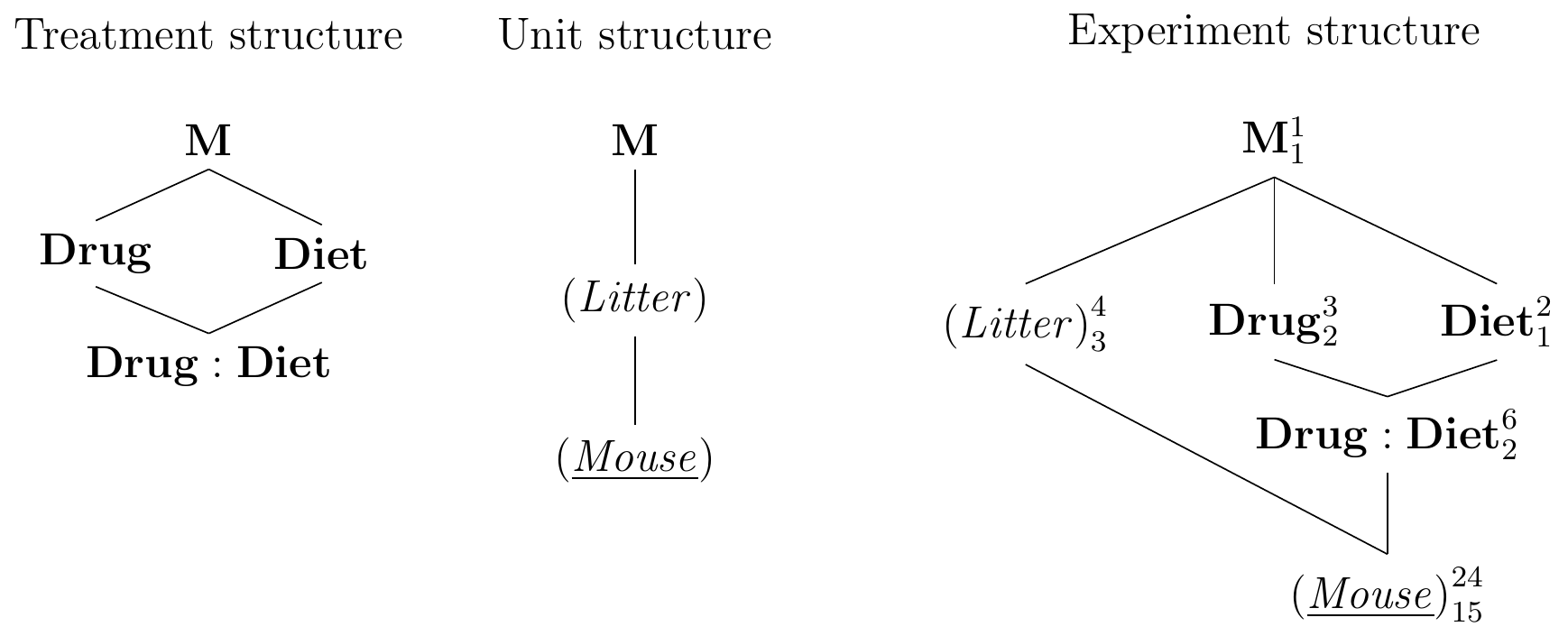 Randomized complete block design for determining effect of two different drugs and placebo on two different diets using four mice per drug and a single response measurement per mouse. All treatment combinations occur once per block and are randomized independently.