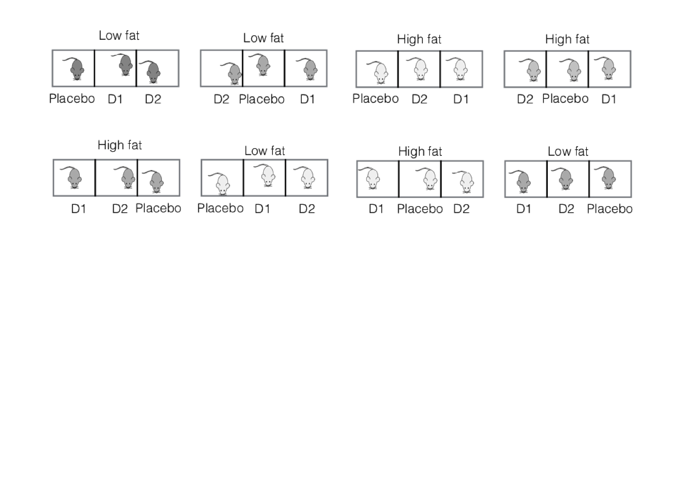 Split-unit experiment with two diets randomized on cages of three mice, and three drugs randomized on mice within cages.