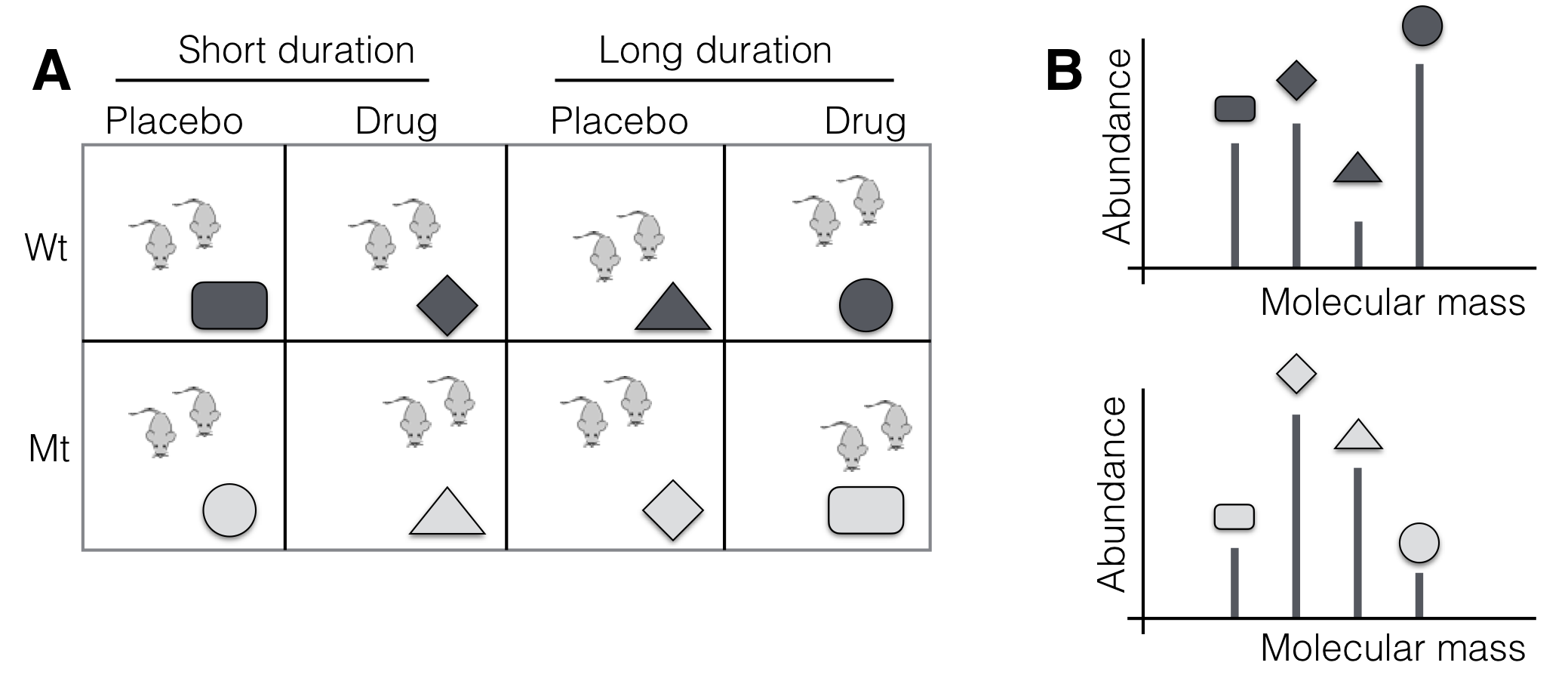 Proteomics experiment. A: $2^3$-factorial treatment structure  with three-way interaction confounded in two blocks. B: mass spectra with four tags (symbol) for same protein from two blocks (shading).