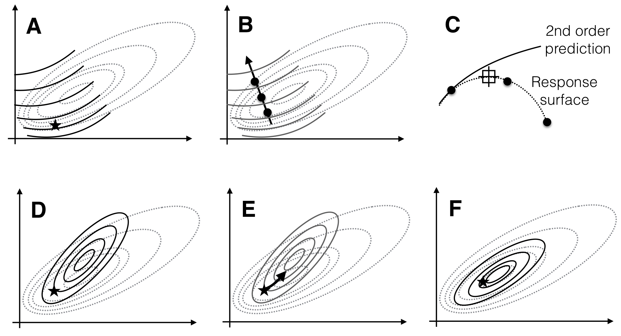 Sequential experimentation for optimization of conditions using second-order approximations. A: first approximation (solid lines) of true response surface (dotted lines) around a starting point (star) only describes the local increase towards the top-left. B: pursuing the path of steepest ascent yields a new best condition, but prediction and measurements diverge further out from the starting point. C: a slice along the path of steepest ascent highlights the divergence and the new best condition. D: second approximation around new best condition. E: path of steepest ascent based on second approximation. F: third approximation correctly identifies the optimum and captures the properties of the response surface around this optimum.
