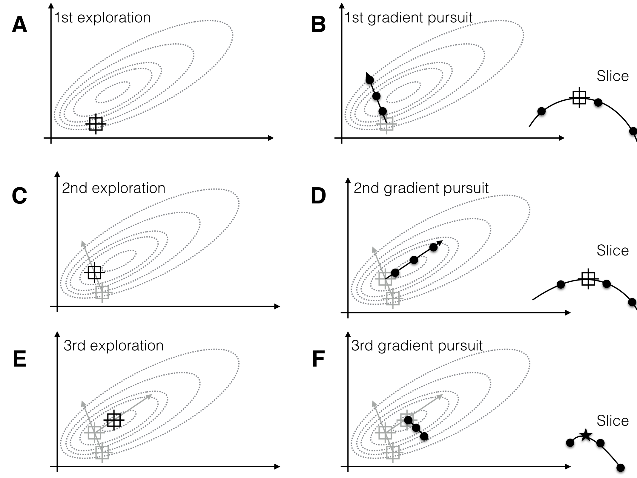 Sequential response surface experiments to determine optimum conditions. Three iterations of exploration (A,C,E) and gradient pursuit (B,D,F). Dotted lines: contours of response surface. Black lines and dots: region and points for exploring and gradient pursuit. Inlet curves in panels B,D,F show the slice along the gradient with measured points and resulting estimated maximum.